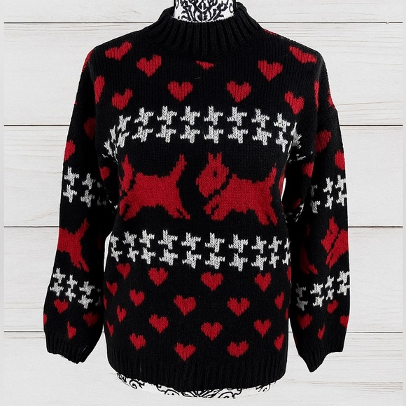 Adele Vintage 80s Scotty Dog Heart Sweater Knitwear Fair Isle Pullover S/M - Picture 1 of 8